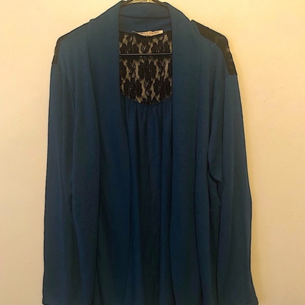 Teal cardigan with black lace on back 3X